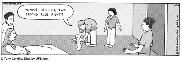 F Minus comic strip showing a doctor picking up a baby and joking 'Whoops... Two second rule, right?'