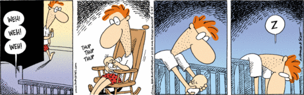 Cartoon of a father putting the baby into a crib and then passing out asleep over the railing.